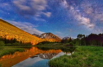 Scenic view of mountain reflecting in pond against milky way