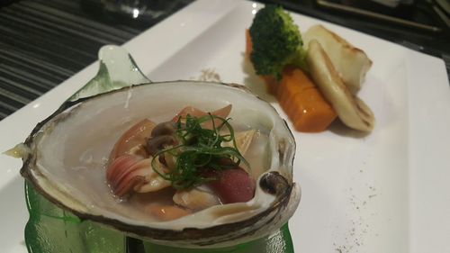 Close-up of served food on table