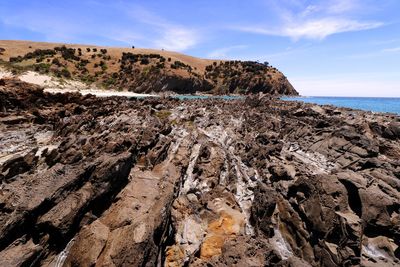 Scenic view of rocks on beach against sky