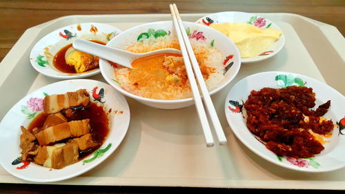 High angle view of meal served on table