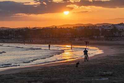 People on beach against sky during sunset