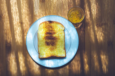 High angle view of breakfast served on table