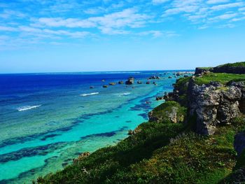 Scenic view of sea against blue sky