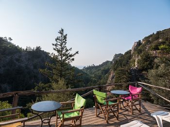 Empty chairs and tables against clear sky