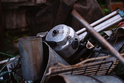 Close-up of old kettle and rusty metal parts