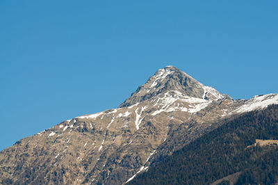 Low angle view of snowcapped mountains against clear blue sky