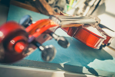 High angle view of red wine on table at home