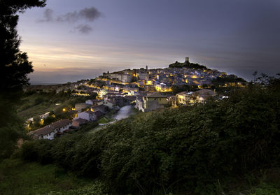 High angle view of townscape against sky at sunset