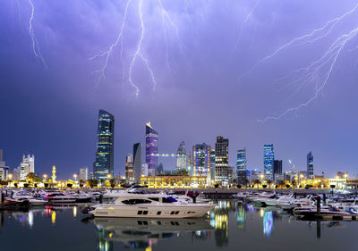 Panoramic view of illuminated city buildings against sky at night