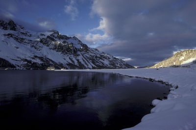 Scenic view of lake and snowcapped mountains against sky