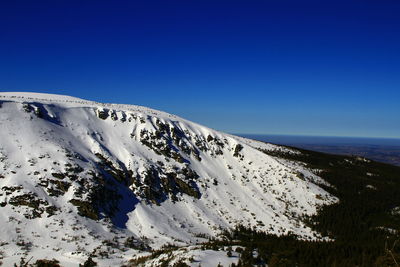 Scenic view of snowcapped mountains against clear blue sky