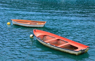 High angle view of boat moored on sea