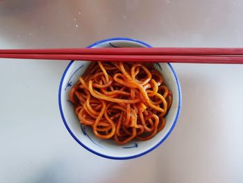 High angle view of noodle in bowl