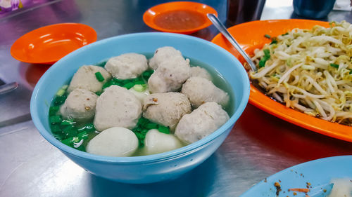 High angle view of food in bowl on table