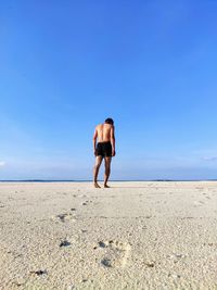 Rear view of man on beach against clear sky