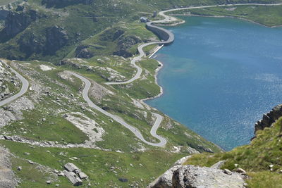 High angle view of road amidst trees