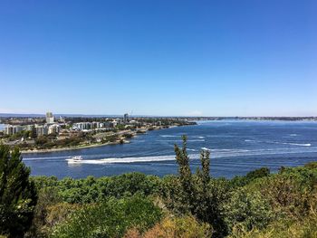 Scenic view of sea against clear blue sky