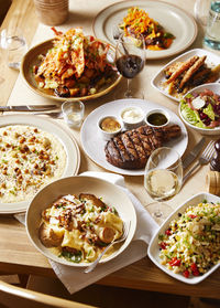 High angle view of food served on table