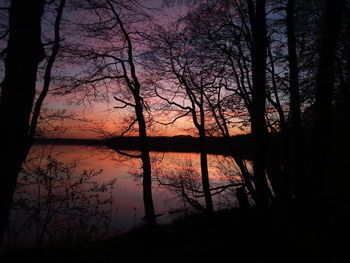 Silhouette bare trees by lake against sky during sunset