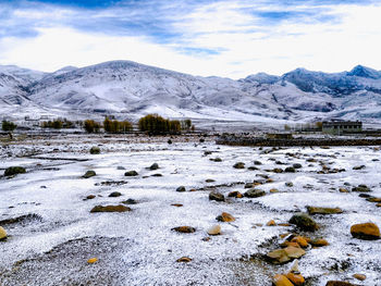 Scenic view of snowcapped mountains against sky