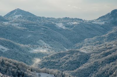 Aerial view of snowcapped mountains against sky