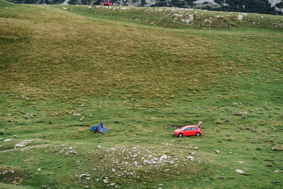 High angle view of people on field