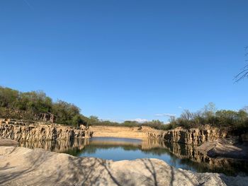 Scenic view of lake against clear blue sky