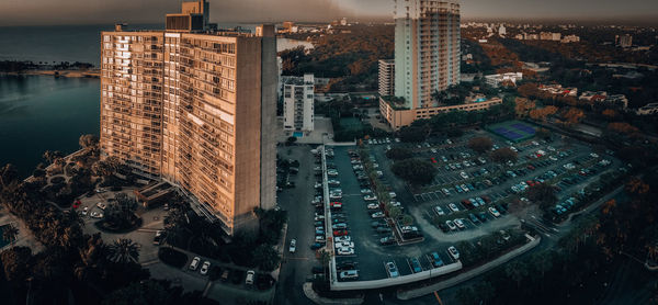 High angle view of city street and buildings