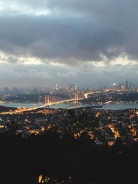 High angle view of illuminated city buildings against sky