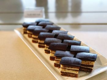 Close-up of desserts on table