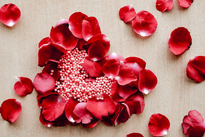 High angle view of red roses on table