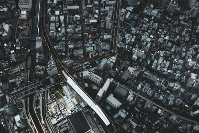 High angle view of modern buildings in city