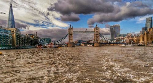 View of suspension bridge against cloudy sky