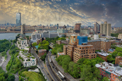 High angle view of buildings in city against sky