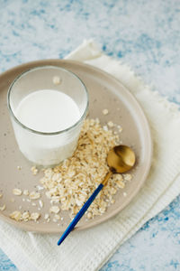 High angle view of breakfast on table