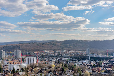 High angle shot of townscape against sky