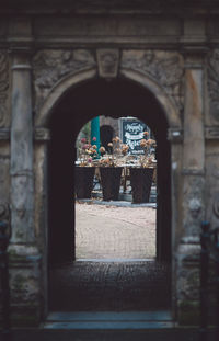 Rear view of people in front of historical building