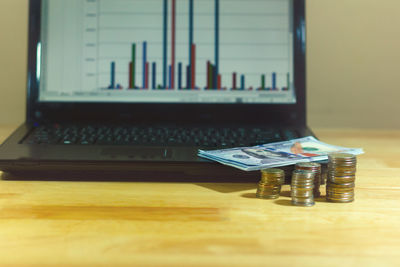 Close-up of coins on table