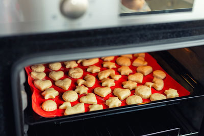 High angle view of food on barbecue grill