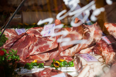 High angle view of meats stack with labels at store