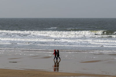 Rear view of men at beach against sky