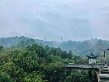 Scenic view of trees and mountains against sky