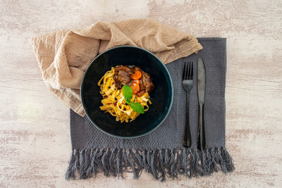 High angle view of food in bowl on table