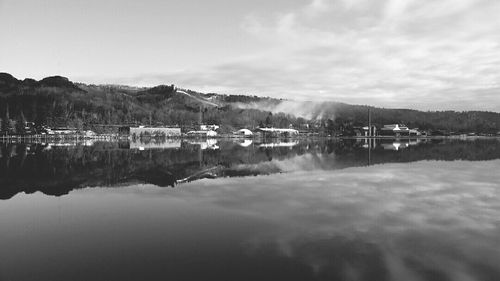 Scenic view of calm lake against cloudy sky