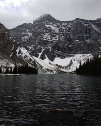 Scenic view of lake by snowcapped mountains against sky