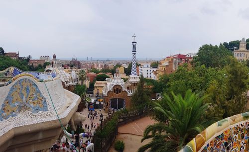 High angle view of city buildings against sky