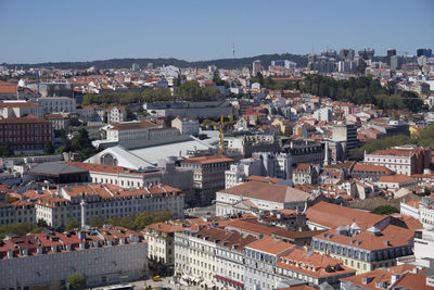 High angle shot of townscape against clear sky
