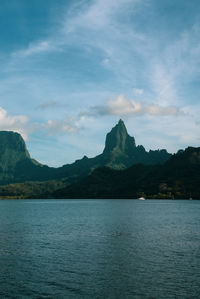 Scenic view of sea and mountains against sky