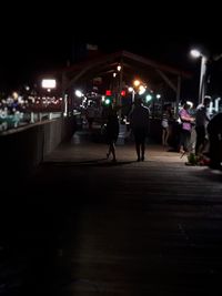 Rear view of people walking on illuminated street at night