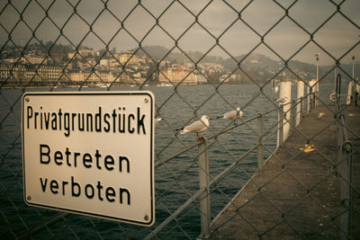Close-up of text on chainlink fence